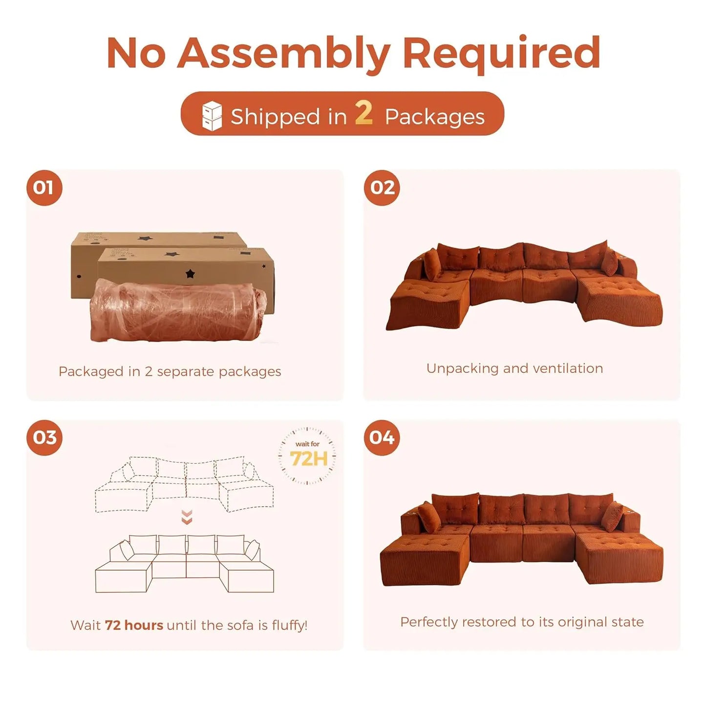 129.5" U Shaped Modular Sectional Sofa 2 Ottomans Tufted 6 Seat Cloud Sleeper Chair Living Room No Assembly, Custom