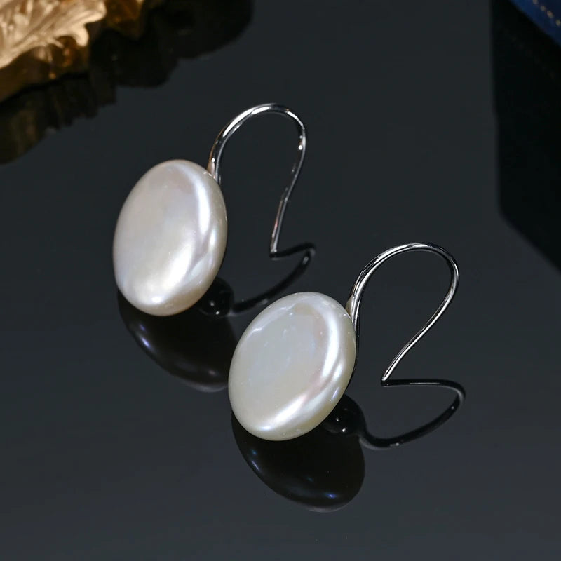 HENGSHENG OL Natural Freshwater 11-13mm White Button Shape Baroque Pearl Earring 925 Sterling Silver Ear Hook Jewelry for Women