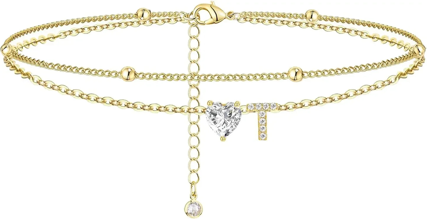 Waterproof cz Ankle Bracelets for Women  14K Gold Plated CZ Initial Dainty Layered Heart Anklets Foot Chain Summer Beach Jewelry