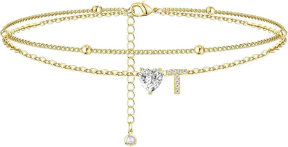 Waterproof cz Ankle Bracelets for Women  14K Gold Plated CZ Initial Dainty Layered Heart Anklets Foot Chain Summer Beach Jewelry