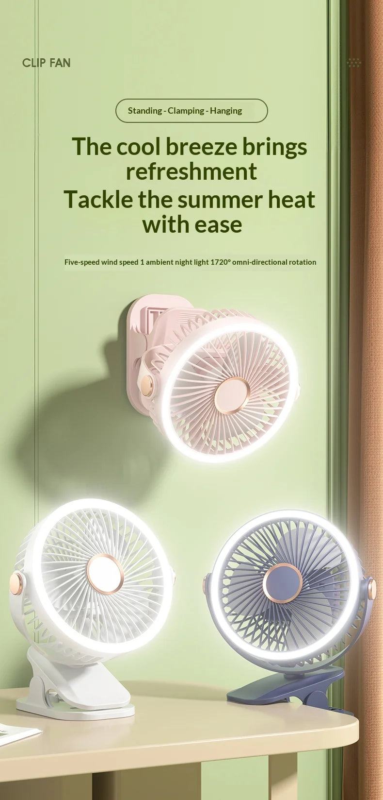 Portable Clip On Fan With LED Light, 720° Rotation Mini USB Rechargeable Fan, 5 Speed Quiet Cooling Fan For Home Office Camping