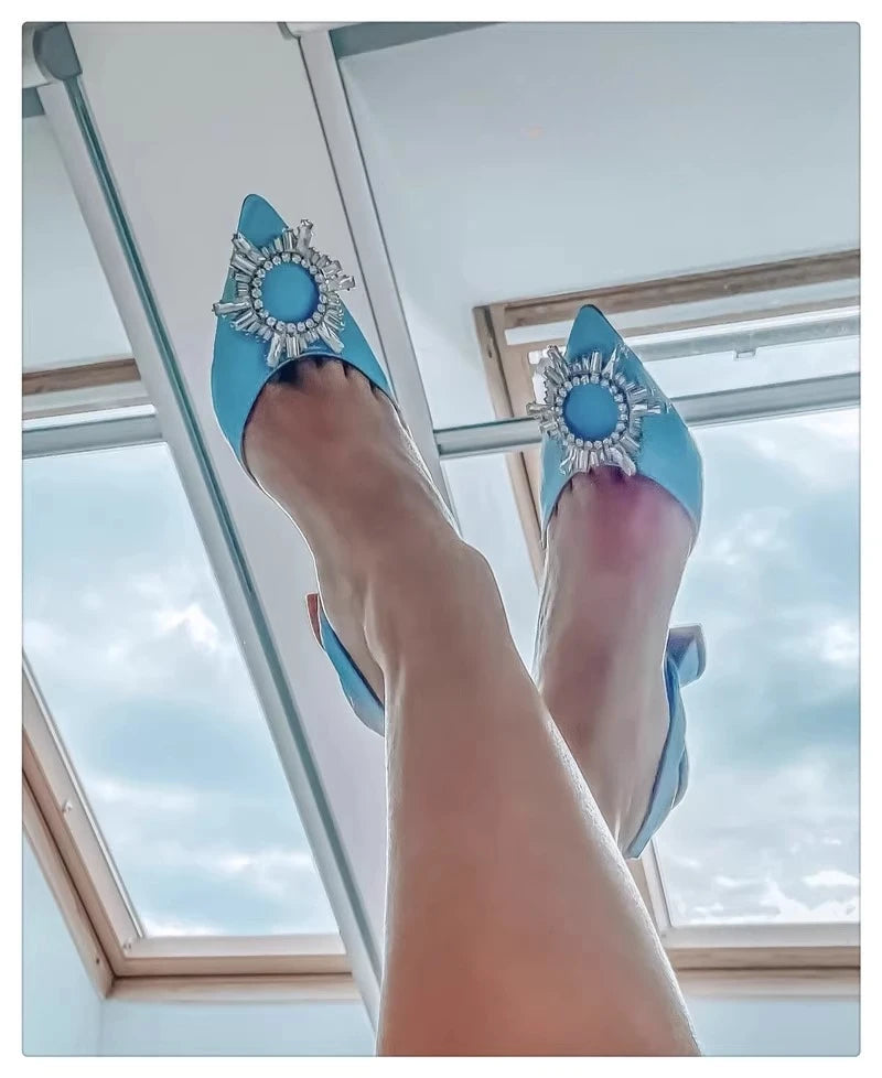 2025 European and American Women's New Silk Sunflower Crystal Diamond Buckle High Heels Horseshoe Heel Women's Sandals
