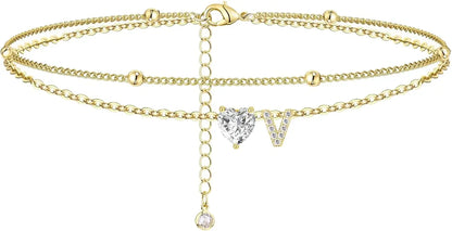 Waterproof cz Ankle Bracelets for Women  14K Gold Plated CZ Initial Dainty Layered Heart Anklets Foot Chain Summer Beach Jewelry