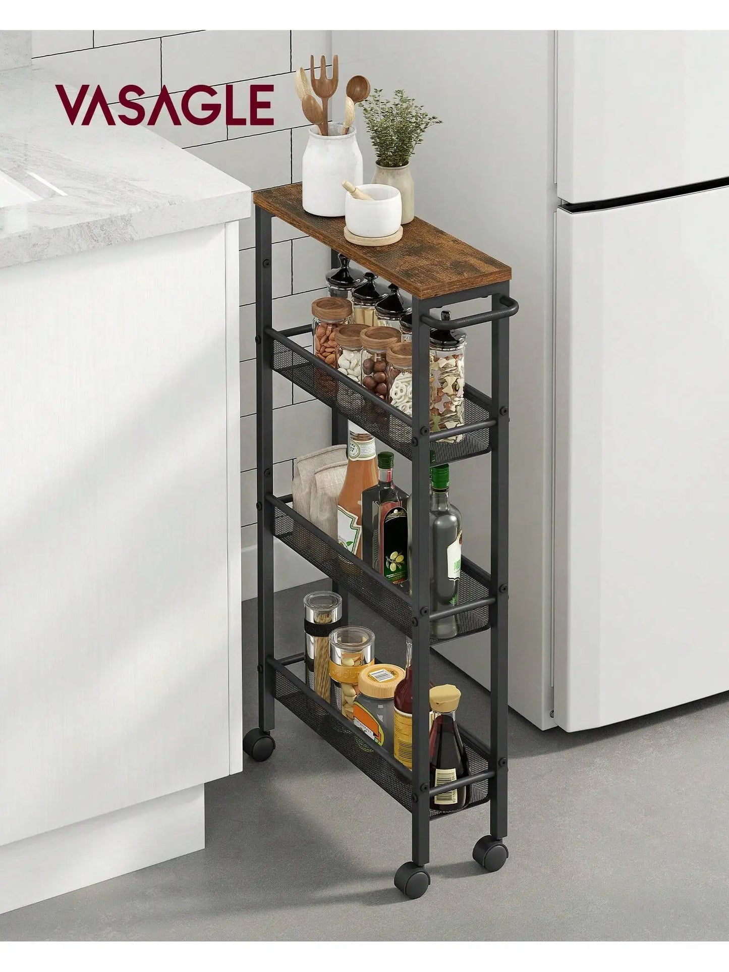 VASAGLE Slim Rolling Cart, 4-Tier Narrow Storage Cart With Handle, 5.1 Inches Deep, Metal Frame, For Kitchen, Dining Room, Livin
