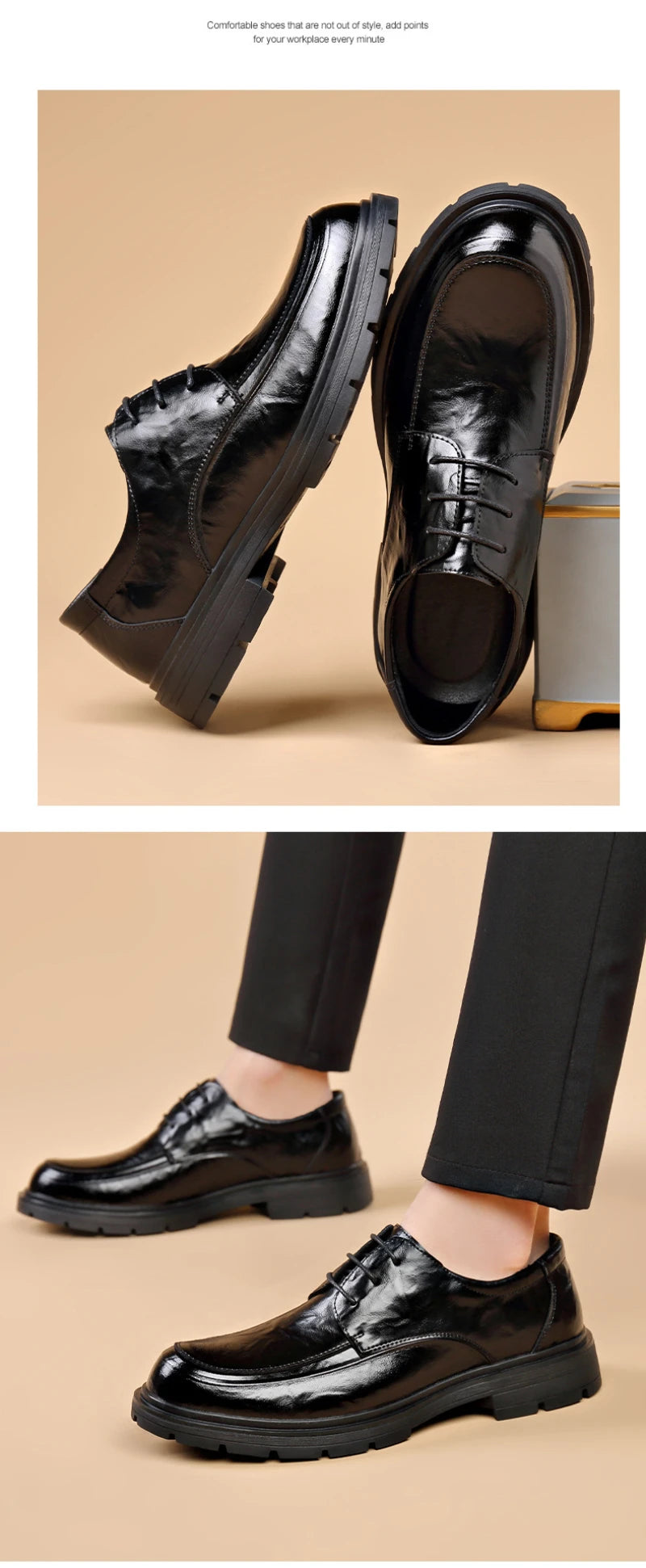Mens Black Genuine Leather Wrinkled Lace Up Chunky Sole Formal Business Oxfords Casual Daily Wear Dress Shoes Stylish And Simple