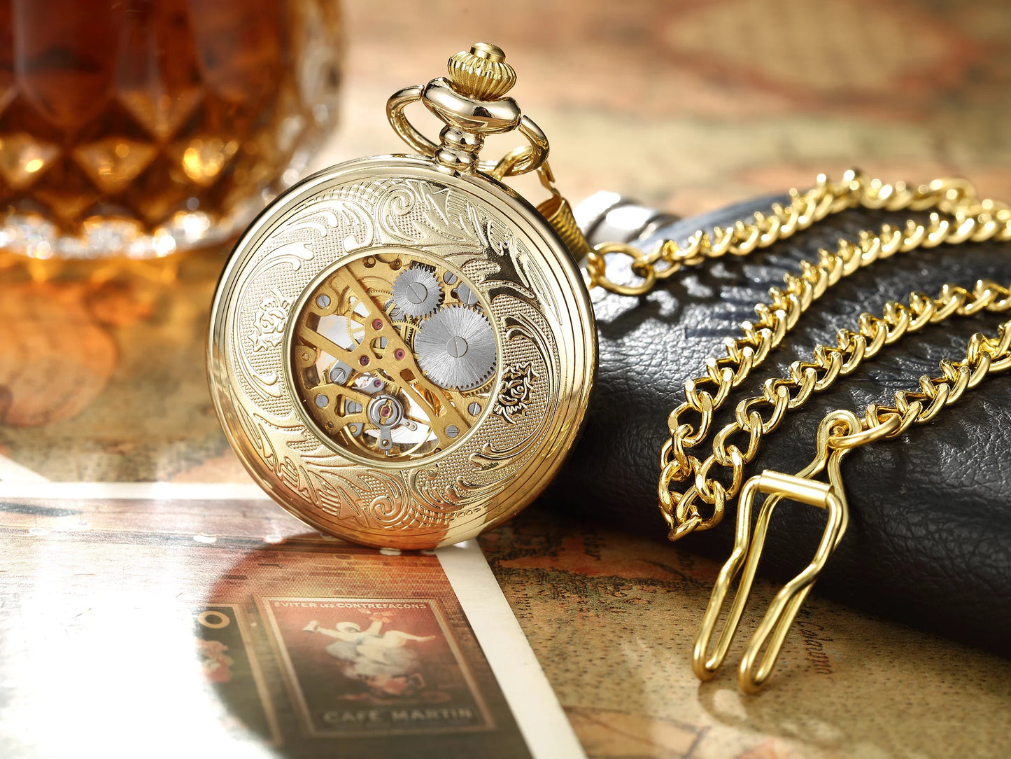 Vintage Skeleton Mechanical Pocket Watch Engraved Floral Design Hand Wind Fob Watch With Chain For Men Women Luxury Antique Gift