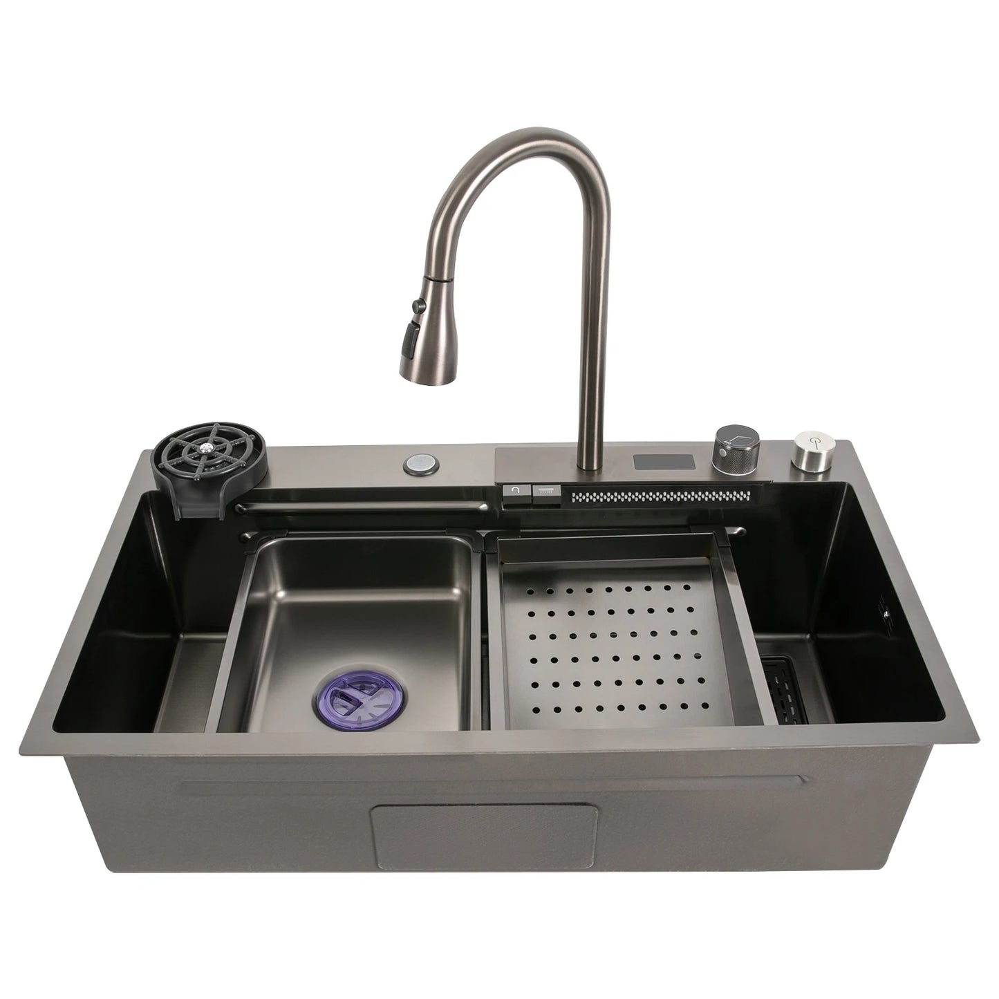 201 Stainless Steel Nano Black Sink with Digital Pull-out Faucet Anti-Splash Large Single Basin Noise Proof & Anti-Condensation
