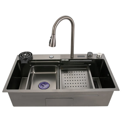 201 Stainless Steel Nano Black Sink with Digital Pull-out Faucet Anti-Splash Large Single Basin Noise Proof & Anti-Condensation