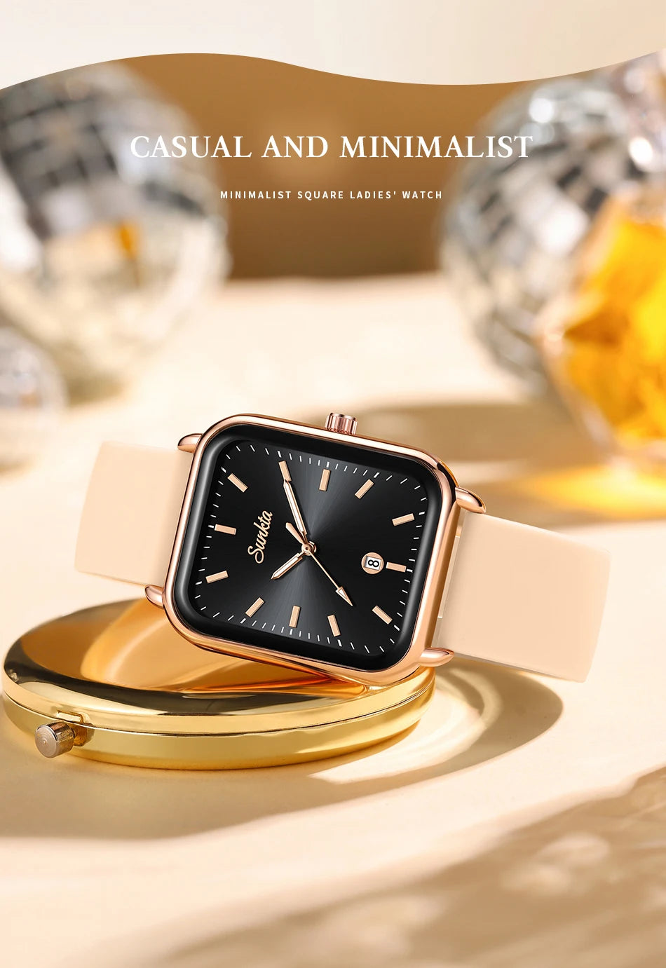 Sunkta Fashion Elegant Woman Watch Square Luxury Retro Silicone Belt Auto Date Casual Waterproof Luminous Quartz Watches for Men