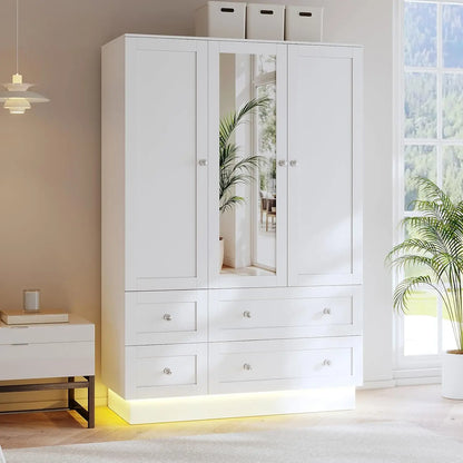 3 Doors Wardrobe Mirror 4 Drawers LED Light Large Capacity Bedroom Storage Cabinet, Custom
