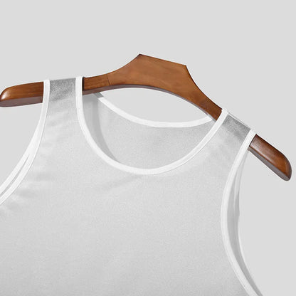 Summer Men's Luxury Knit Fashion Transparet Tank Tops O Neck Sleeveless Mesh Sexy Solid Color Vest Breathable Party Men Clothing