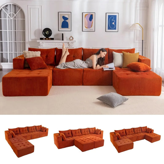 129.5" U Shaped Modular Sectional Sofa 2 Ottomans Tufted 6 Seat Cloud Sleeper Chair Living Room No Assembly, Custom