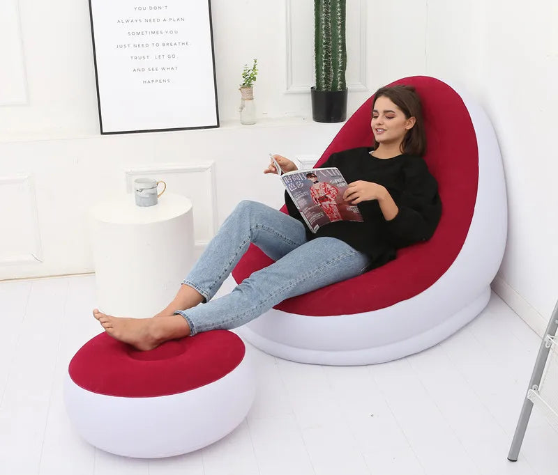 OTAUTAU Inflatable Lounger with Footstool Ottoman Chaise Lounge Recliner Outdoor Portable Camping Couch Garden Chair Pouf SF029
