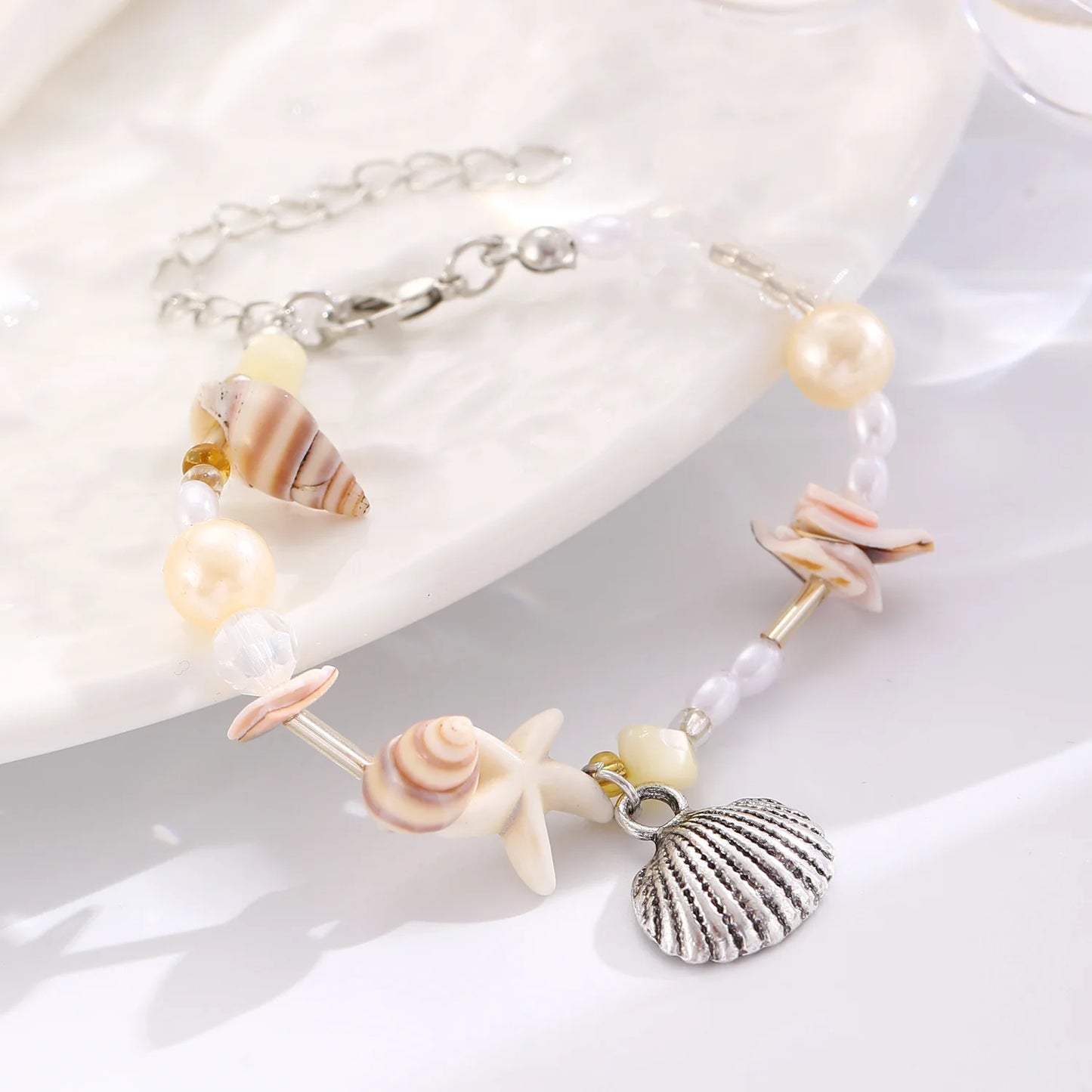 Bohemia Fashion Colorful Natural Stone Shells Starfish Conch Splicing Beaded Bracelet for Women Summer Beach Ocean Jewelry Gifts