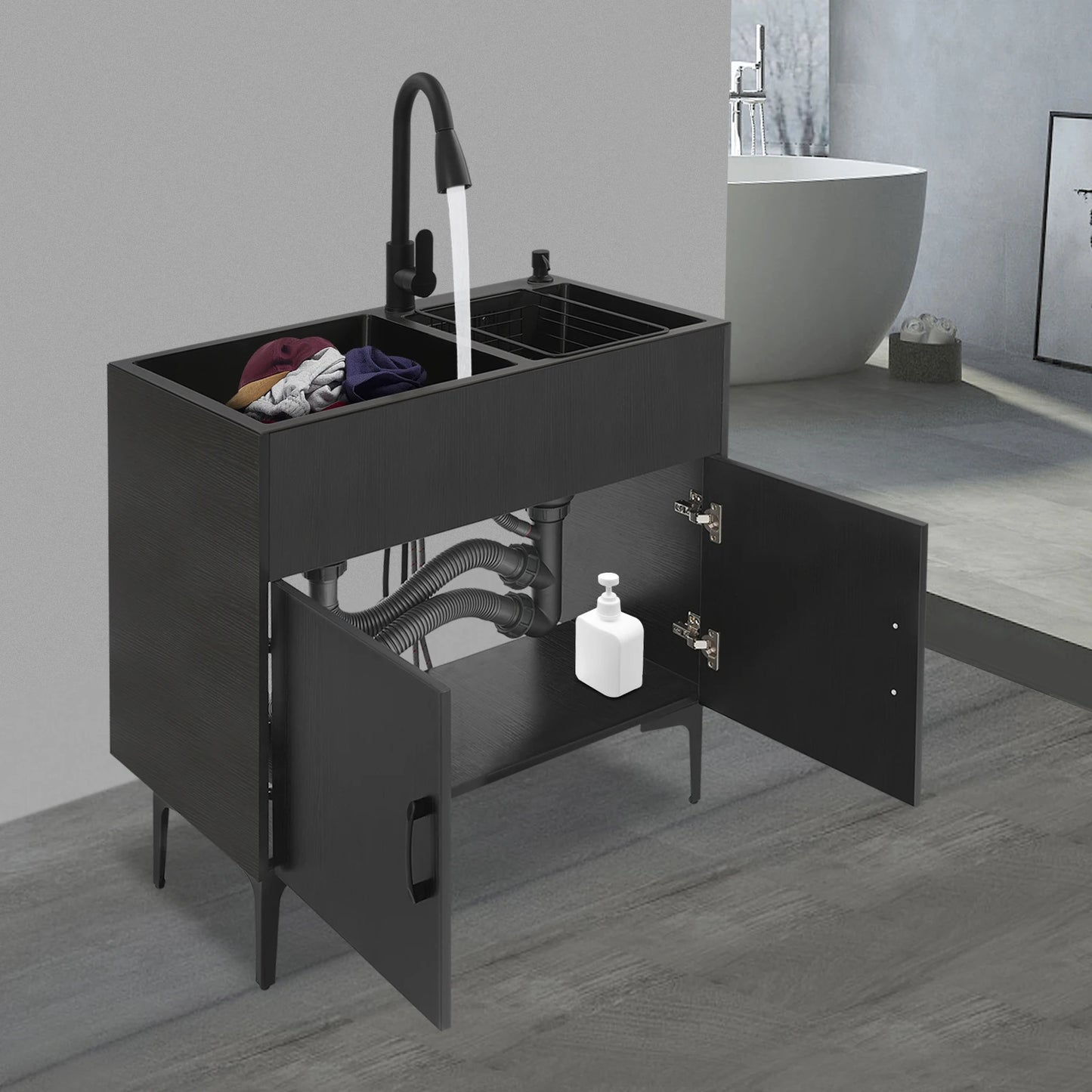 Laundry Sink with Cabinet Sink with Pull-Out Faucet and Cabinet Freestanding Kitchen Sink