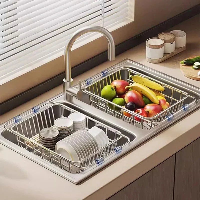 Telescopic Stainless Steel Sink Drain Basket Dishwashing Rack Kitchen Storage Organizer for Utensils and Dishes