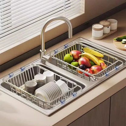 Telescopic Stainless Steel Sink Drain Basket Dishwashing Rack Kitchen Storage Organizer for Utensils and Dishes