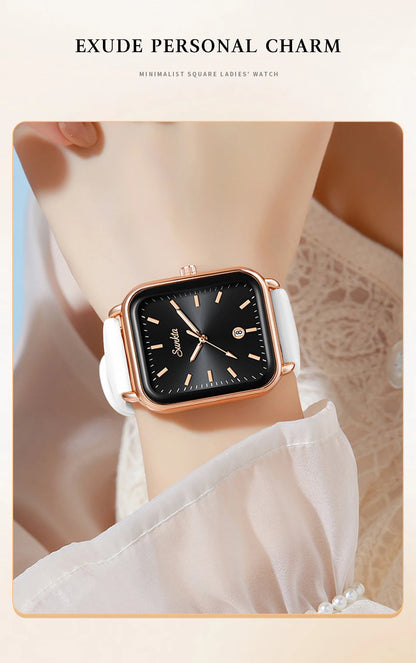 Sunkta Fashion Elegant Woman Watch Square Luxury Retro Silicone Belt Auto Date Casual Waterproof Luminous Quartz Watches for Men