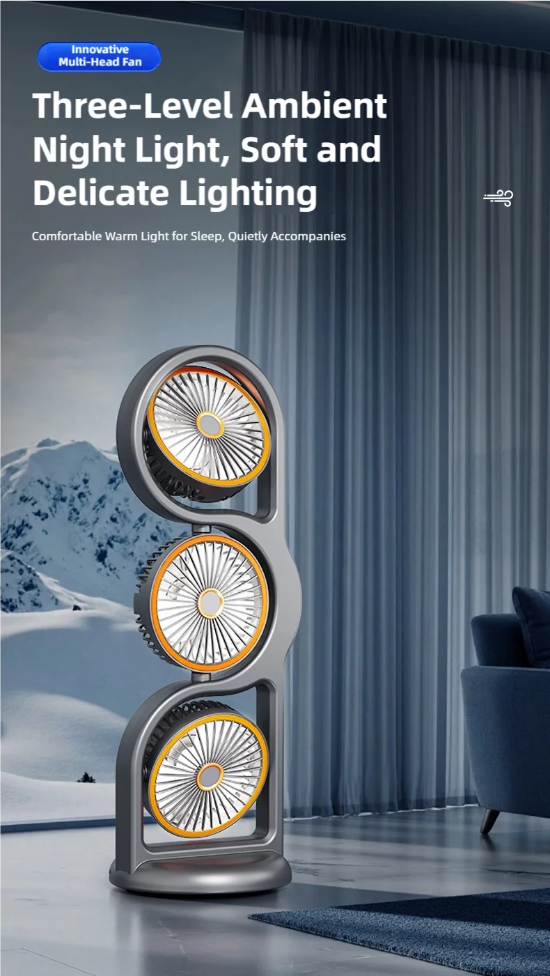 TINSOL New Portable USB Rechargeable Three-Head Fan – 360° Circulation, 5-Speed Wind, Dormitory and Outdoor Desktop Fan