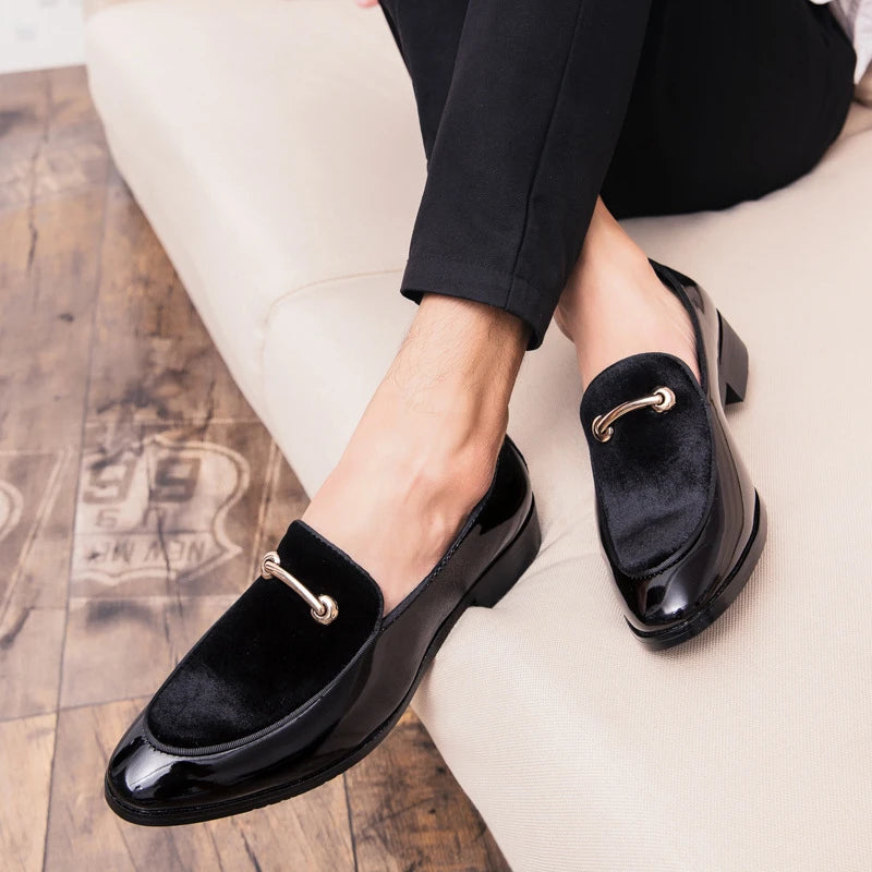 Mens Formal Navy Blue Velvet Patent Leather Loafers With Gold Horsebit Accent Flat Heel Comfortable Non Slip Breathable Business