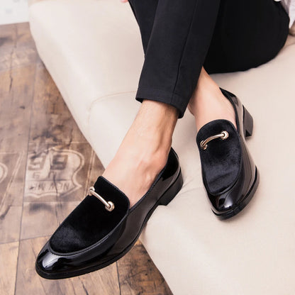 Mens Formal Navy Blue Velvet Patent Leather Loafers With Gold Horsebit Accent Flat Heel Comfortable Non Slip Breathable Business