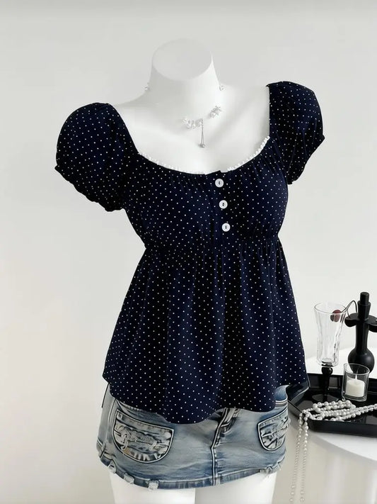 Polka Dot Babydoll Top Women Summer Sweet Korean Puff Short Sleeve Chiffon Blouse Square Neck Summer Vintage Youthful T-shirt