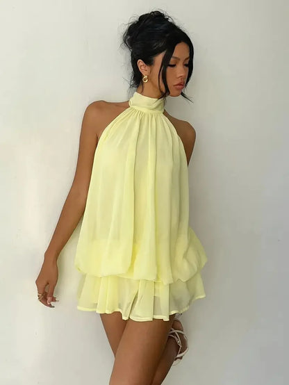2026 Women's Elegant Halter Neck Sleeveless Ruffled Layered Chiffon Mini Dress Casual Summer Party Dress for Beach Vacation Y2K