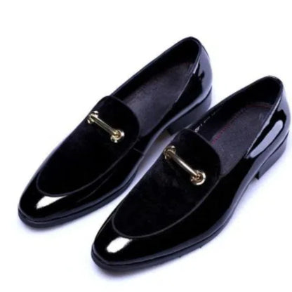 Mens Formal Navy Blue Velvet Patent Leather Loafers With Gold Horsebit Accent Flat Heel Comfortable Non Slip Breathable Business