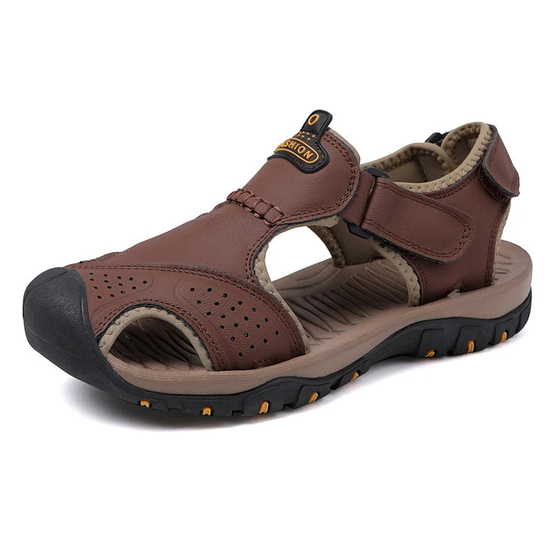 2025 Large-Size Leather Men's Shoes Summer Sandals Casual Outdoor Head Beach Shoes Comfortable Breathable Hollow Velcro Patch