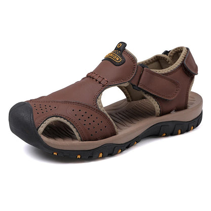 2025 Large-Size Leather Men's Shoes Summer Sandals Casual Outdoor Head Beach Shoes Comfortable Breathable Hollow Velcro Patch
