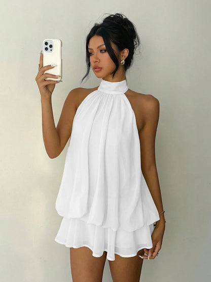 2026 Women's Elegant Halter Neck Sleeveless Ruffled Layered Chiffon Mini Dress Casual Summer Party Dress for Beach Vacation Y2K