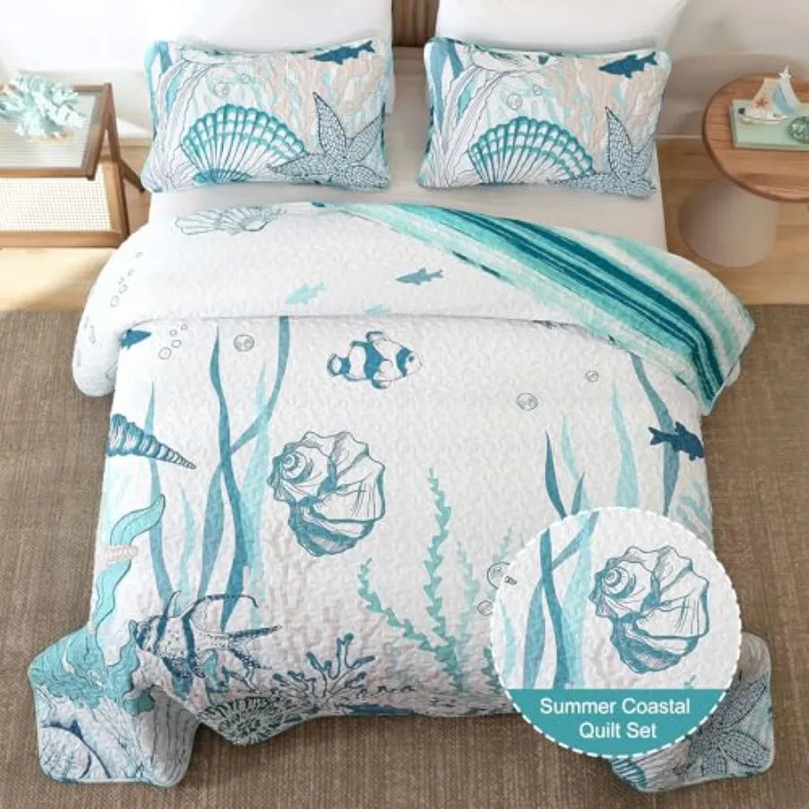 Coastal Quilts Bedding Set Size, Summer Green Fish Coral Nautical Bedding Quilt Set with Pillow Cases, Ocean Beach Reversible B