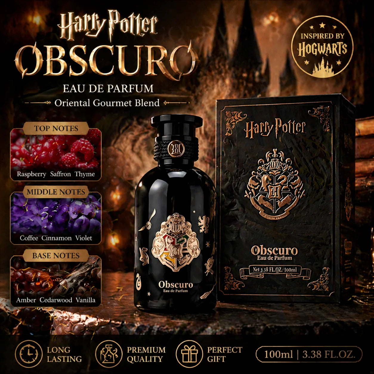 Miniso Harry Potter Obscuro Eau de Parfum 100ml, Floral Spicy Scent with Saffron, Amber, Vanilla, Clean, Vegan, Cruelty-Free, Unigue Single Item Floral Scents Perfume for Women's Fragrance Enthusiasts