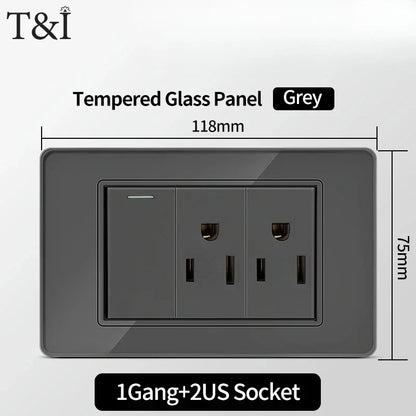 118*75mm TEMPERED GLASS SWITCH PANEL Wall Socket with USB Type - C, Grey US Switch, Thai Plug for Home & Office Use
