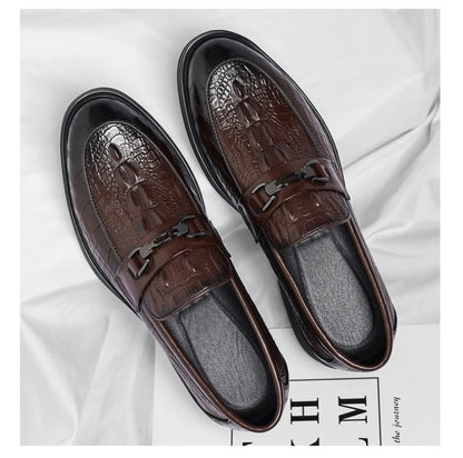 Mens Black Crocodile Embossed Leather Loafers With Metal Horsebit Buckle Thick Sole Formal Business Wedding Party Dress Shoes