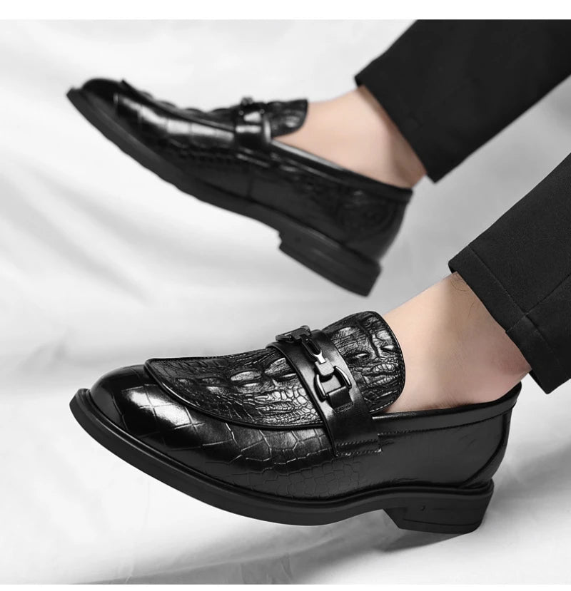 Mens Black Crocodile Embossed Leather Loafers With Metal Horsebit Buckle Thick Sole Formal Business Wedding Party Dress Shoes