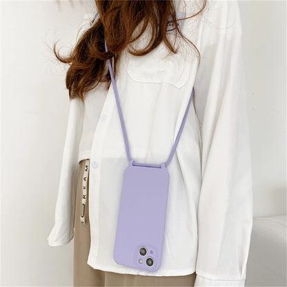 Crossbody Necklace Lanyard Cord Strap Liquid Silicone Case For iPhone 17 16 15 13 11 12 14 Pro Max XS XR X Plus Soft Candy Cover