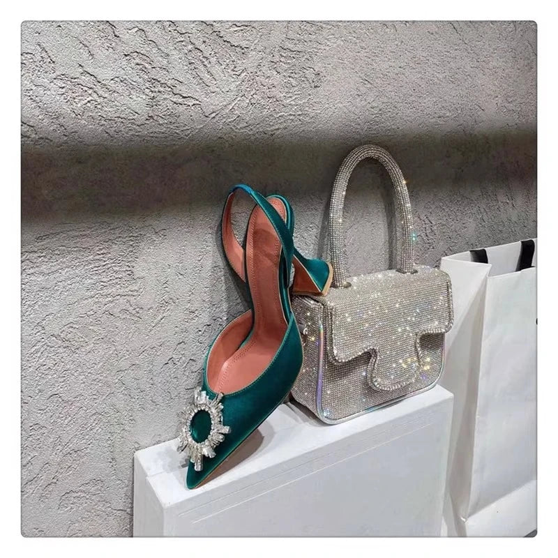2025 European and American Women's New Silk Sunflower Crystal Diamond Buckle High Heels Horseshoe Heel Women's Sandals