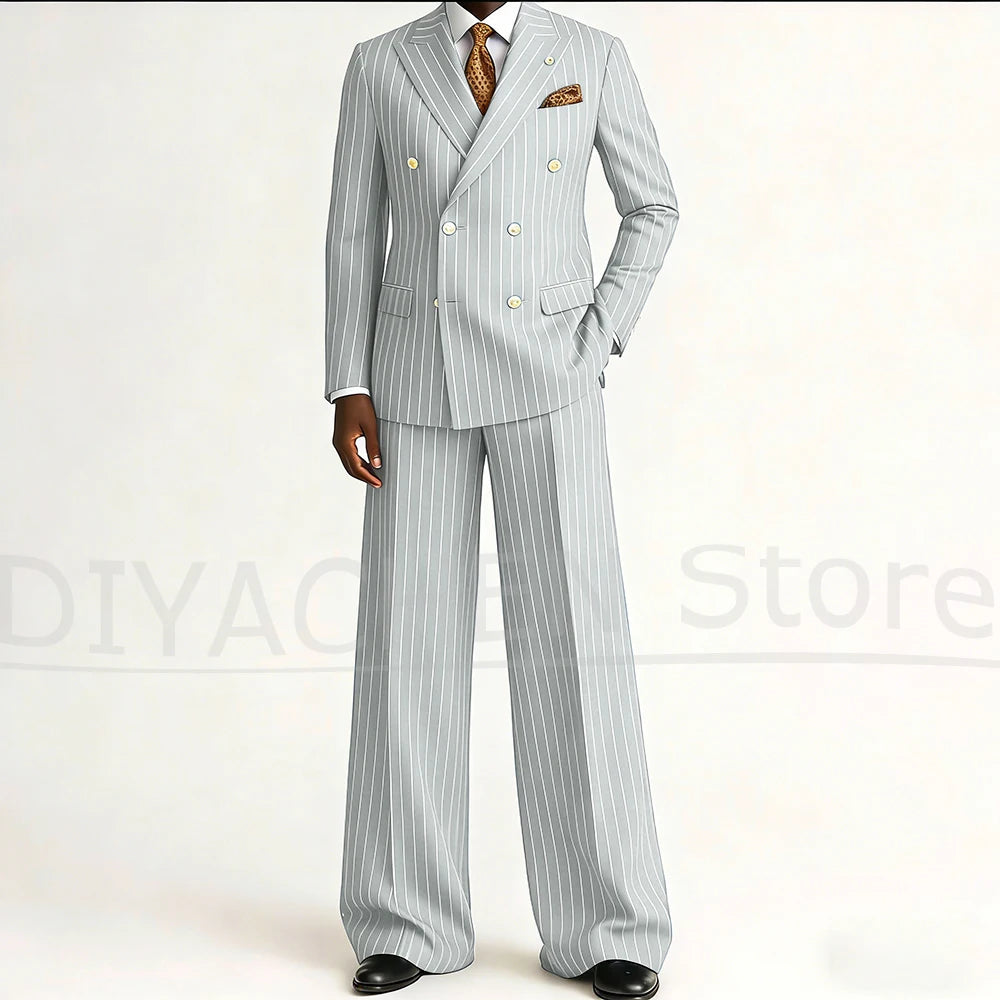 Men's Striped Double Breasted Suit Set Fashion Peak Lapel Formal Outfits 2 Piece Wedding Business Events Casual Male Suit