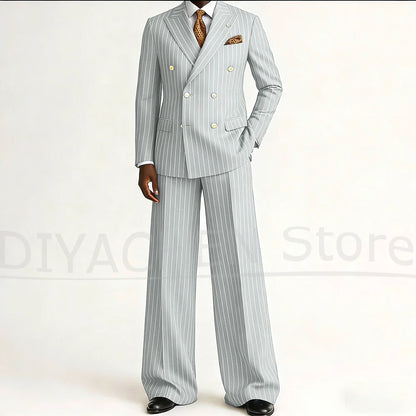 Men's Striped Double Breasted Suit Set Fashion Peak Lapel Formal Outfits 2 Piece Wedding Business Events Casual Male Suit