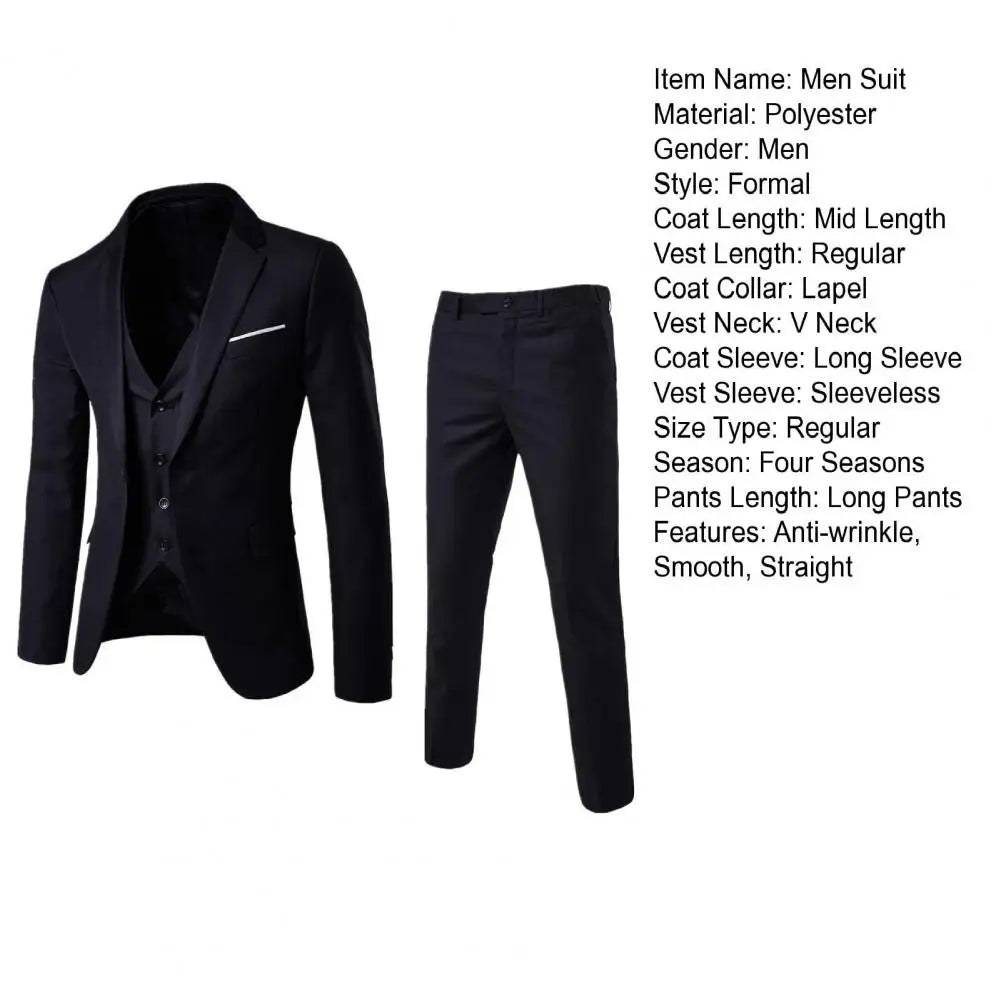 Men Three piece Suit Formal Business Suit Pants Set Solid Color Slim Fit Turn down Collar Anti wrinkle Groom Wedding Suit