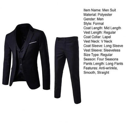 Men Three piece Suit Formal Business Suit Pants Set Solid Color Slim Fit Turn down Collar Anti wrinkle Groom Wedding Suit