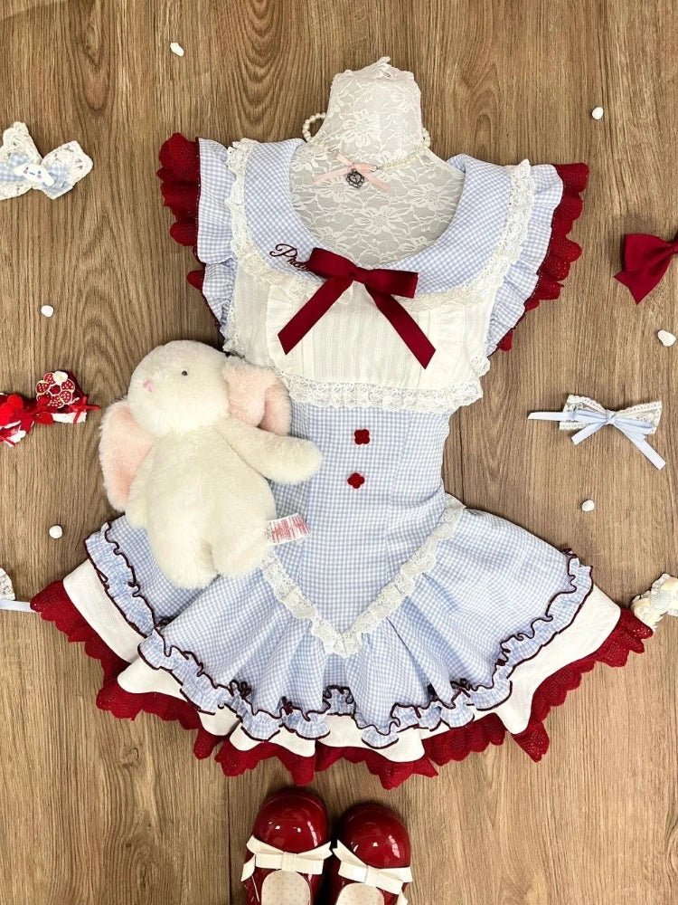 Summer Sweet Preppy Style 2 Piece Sets Women Y2k Kawaii Lolita Design Tops + High Waist Chic Skirt Female Princess Retro Outfits