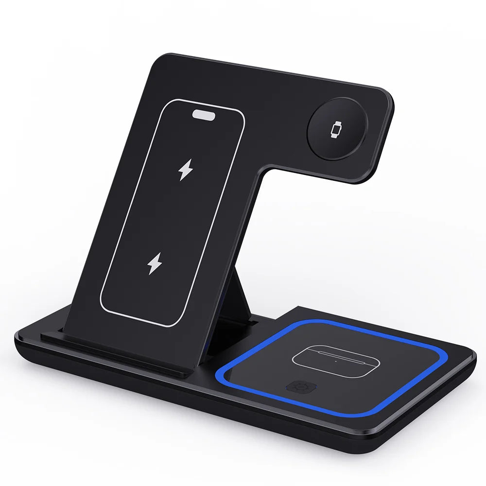15W 3 in 1 Wireless Charger Stand Pad Foldable Fast Charging Station Dock For iPhone17 16 15 14 13 12 11 X 8 Apple Watch Airpods