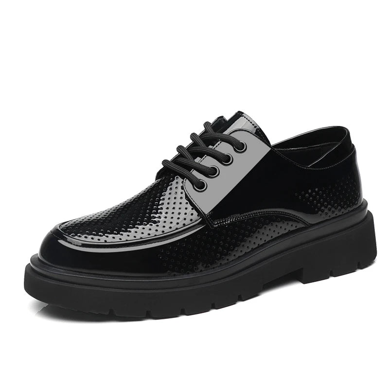 Mens Black Patent Leather Perforated Lace Up Chunky Platform Oxford Shoes Breathable Casual Business Formal Summer Dress Shoes