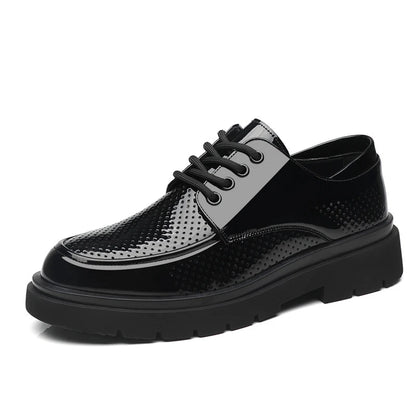 Mens Black Patent Leather Perforated Lace Up Chunky Platform Oxford Shoes Breathable Casual Business Formal Summer Dress Shoes