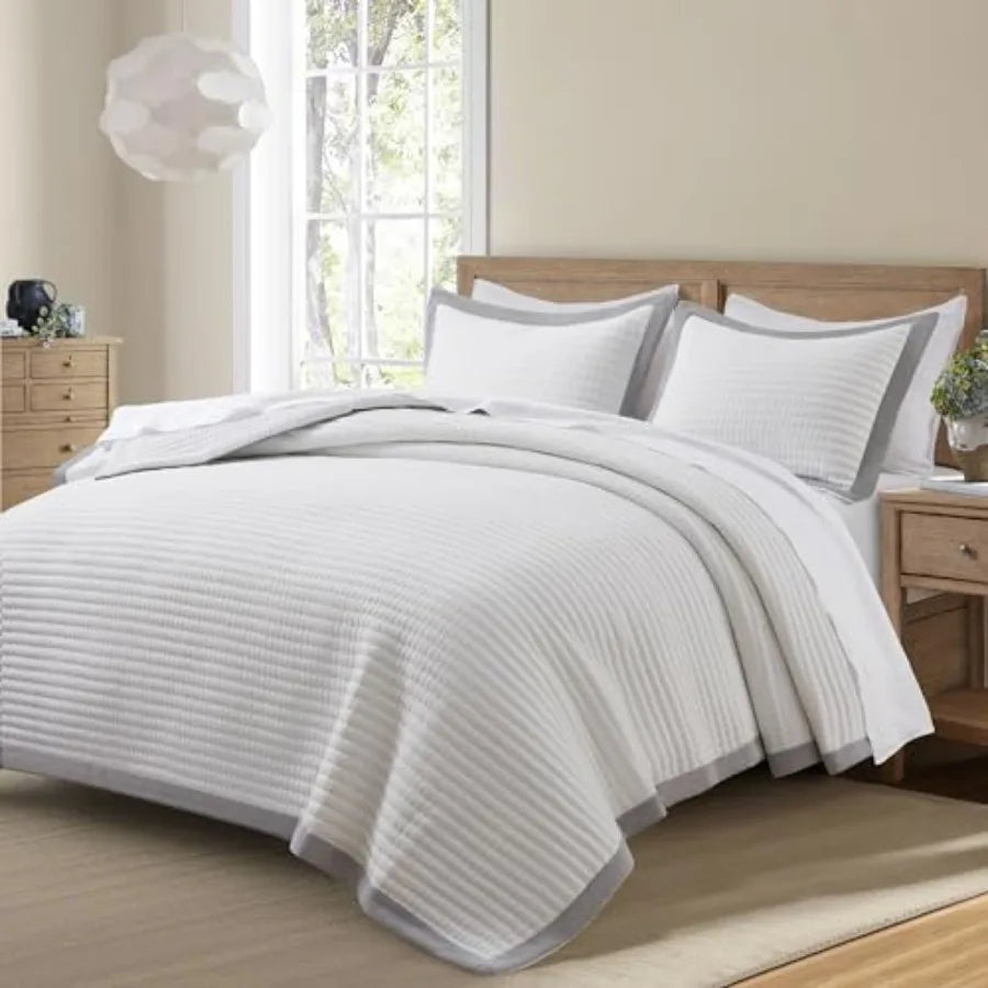 White Quilt Set Size - Farmhouse Soft Striped Stitch Bedding Bedspread Coverlet Summer Lightweight Quilt Bed Sets with 2 Pillow