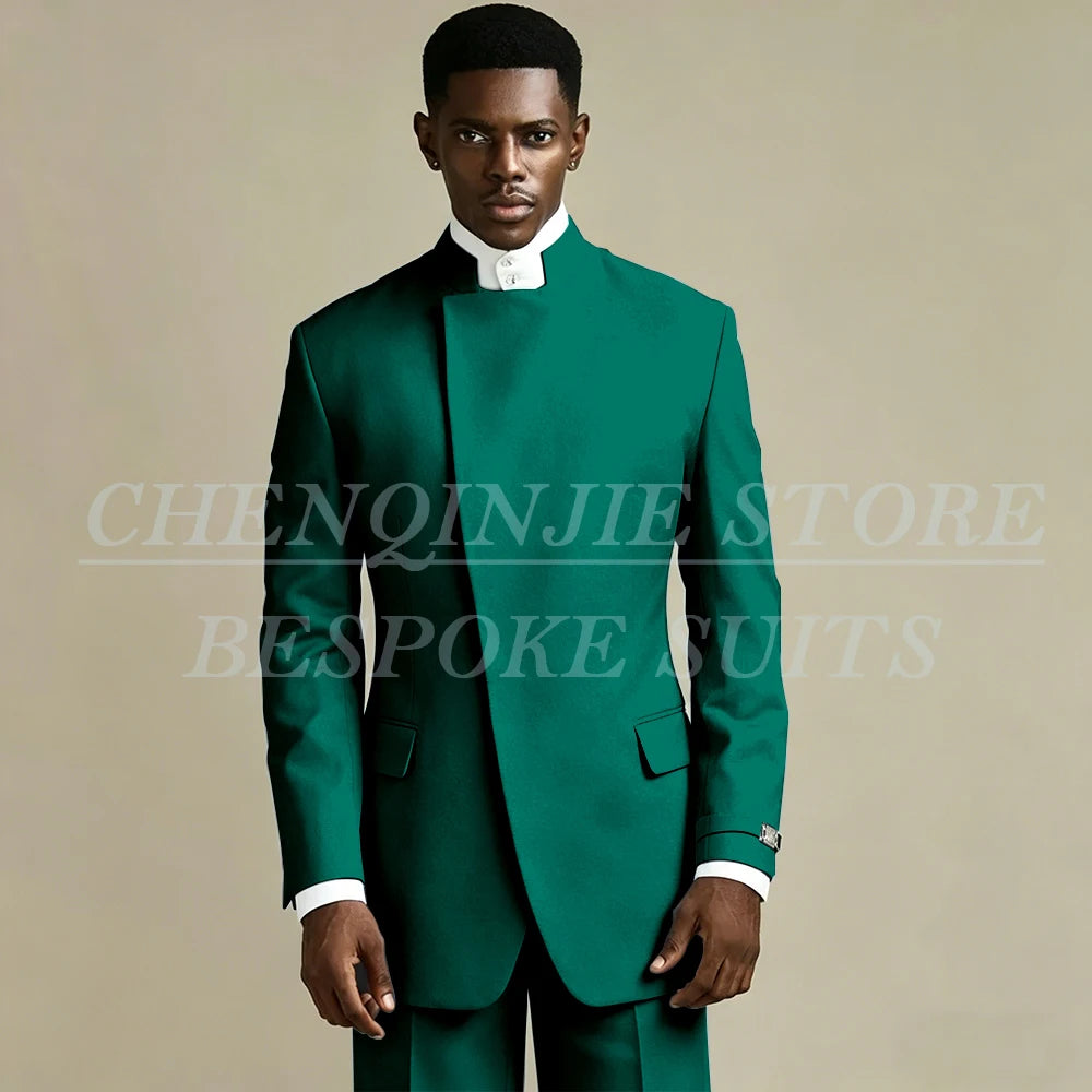 Elegant Black Men's Suits 2 Piece Jacket Pants Outfits Formal Single Breasted Stand Lapel Skinny Clothing Costume Homme