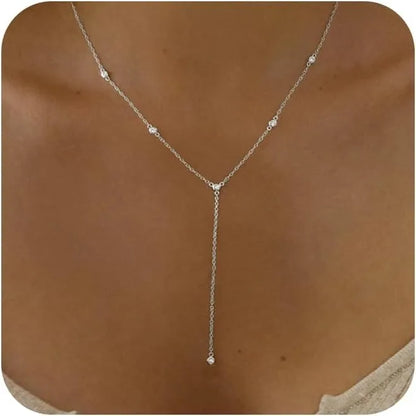 Silver Plated Necklace for Women, Dainty Gold Necklaces Gold Plated CZ Lariat Necklace for Women Boho Fashion Jewelry Womens