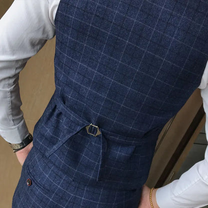 ( Vest + Pants ) 2Pce Set Mens Fashion Plaid Slim Casual Business Suit Vest Pants Groom Wedding Dress Formal Waist Coat Trousers